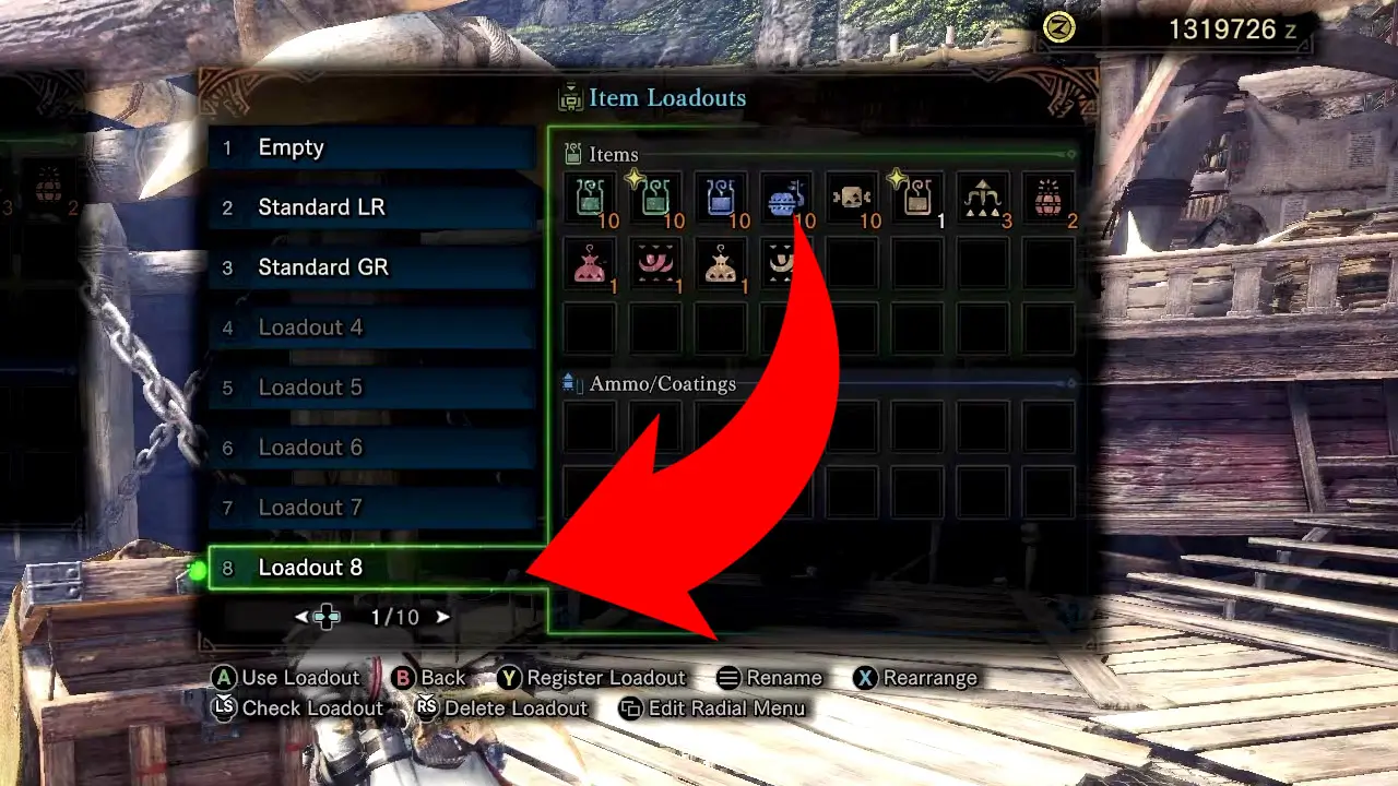item loadout inventory screen with red arrow pointing at saved item loadout monster hunter world ct