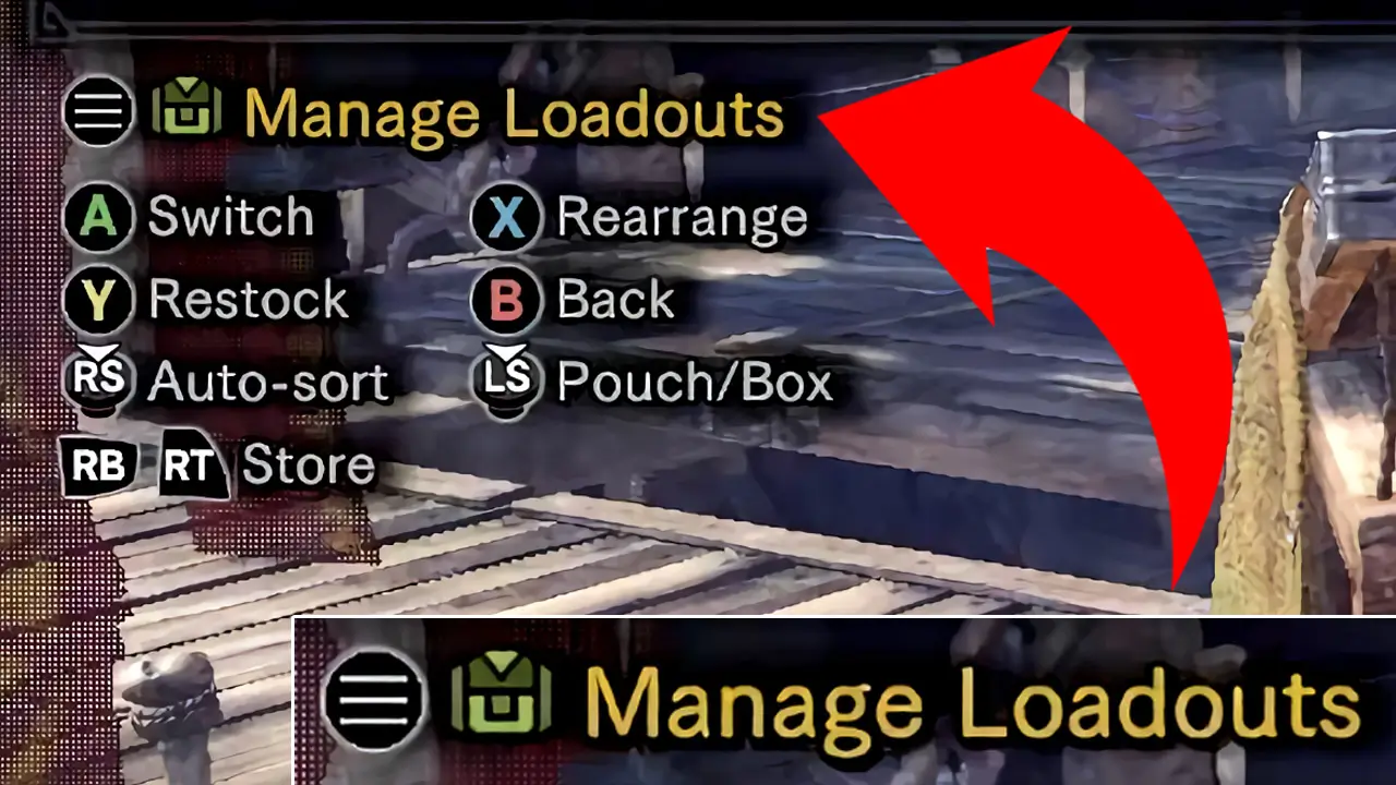 read arrow pointing at manage loadout button_mhw ct